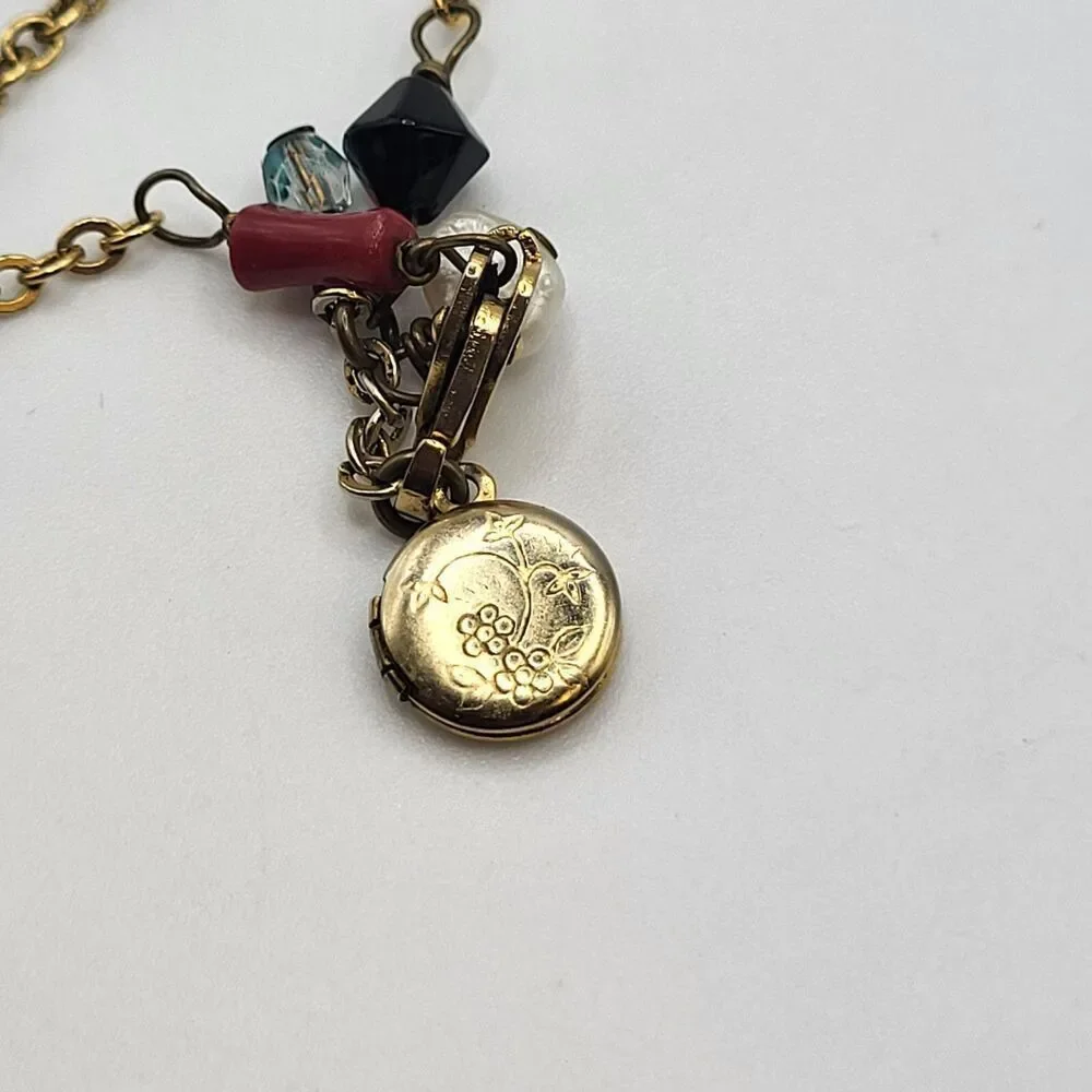 Artisan Charm Ankelt Turquoise Pearl Coral Jade Blown Glass with Locket 11in
